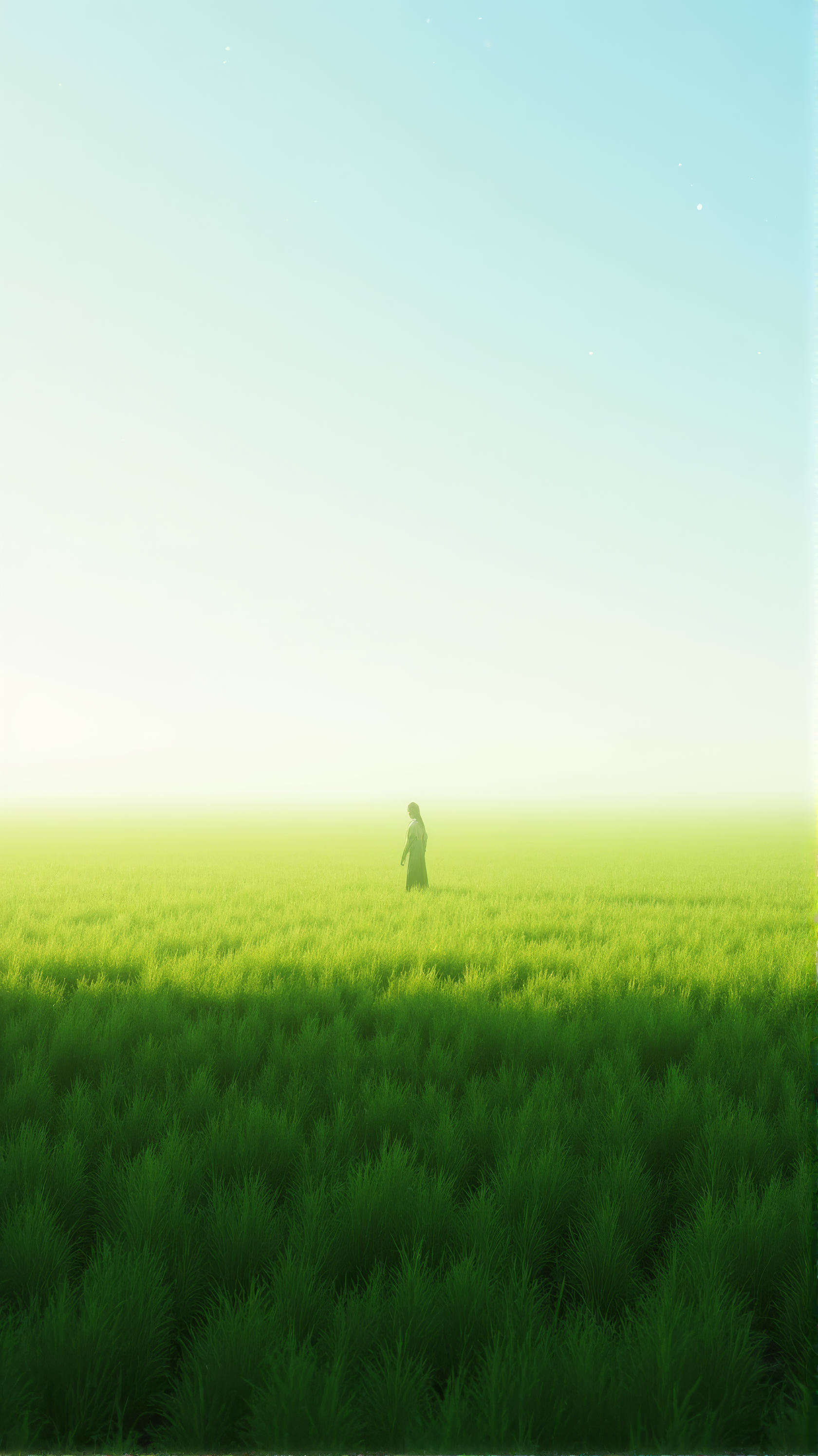 A figure standing in an expansive grassy field, appearing as a translucent silhouette against the bright green grass that stretches across the frame. The field is lit with soft, diffused lighting that creates a misty, ethereal atmosphere, with the sky appearing as a pale blue-white gradient that transitions to white at the horizon. 