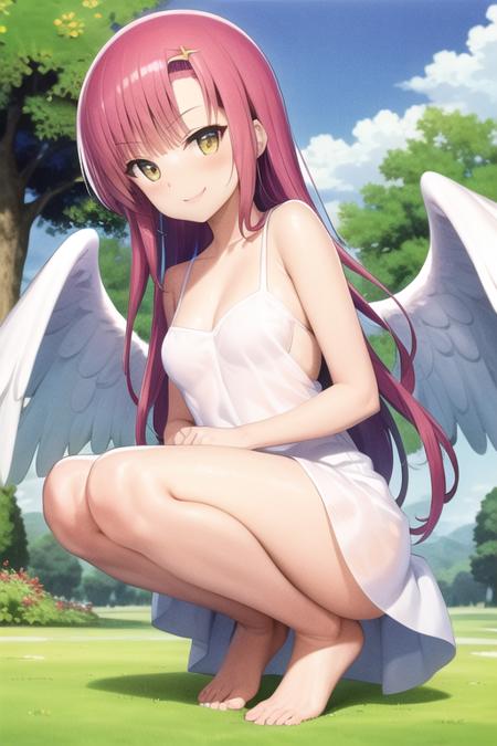 masterpiece, best quality, hinagiku katsura,  pink hair, yellow eyes, white dress, barefoot, medium breasts, wings, angel, angel wings, outdoors, day, smile, <lora:HinagikuV2:0.8>