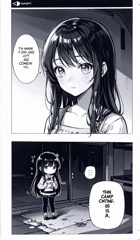 masterpiece,best quality,1girl,<lora:manhuav1.2:0.3>,(Text Bubble),monochrome,lineart,comic ,Border,<lora:shou-v50:1>,2koma, ,