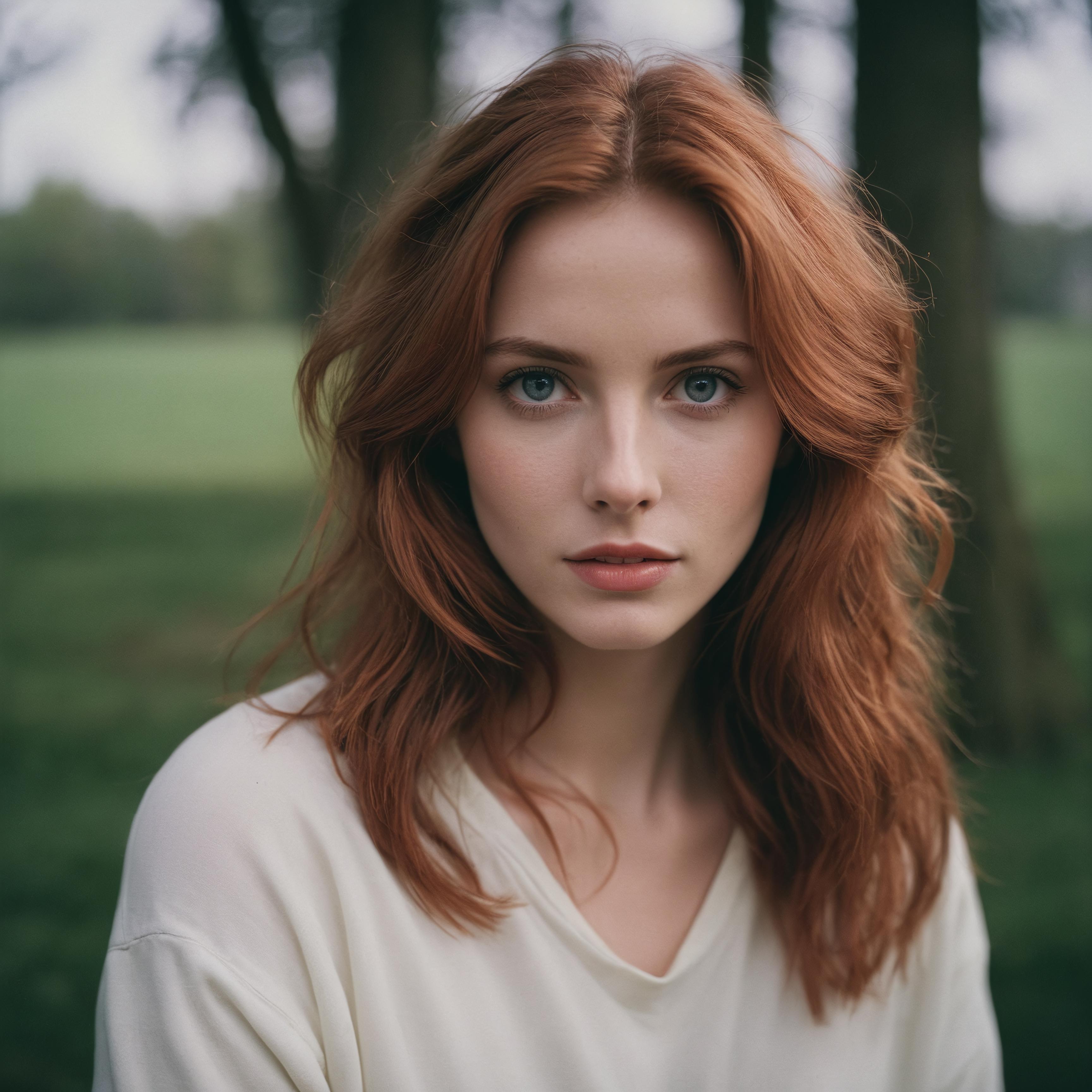 A Woman with Red Hair in a White Shirt Posing in the Forest.