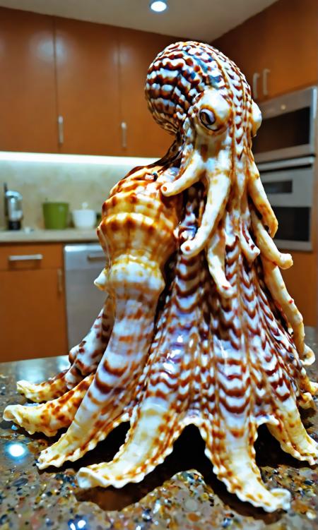 A (photograph:1.4) of A gorgeous male octopus wearing swimming dress standing in a kitchen. A humanoid hybrid creature. made of a bunch of colorful rk-shells