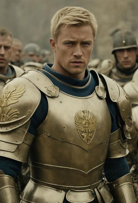 ultra realistic portrait of a paladin, (full body shoot:1.4), blonde, short straight hair style, blue eyes, very muscular, broad shoulders, wearing heavy armor in yellow tones with heraldic crests on it, (too many soldiers behind him:1.4), head down, crying, upset, sad, Movie Still, Film Still, Cinematic, Cinematic Shot, Cinematic Lighting, Perfect Hands
