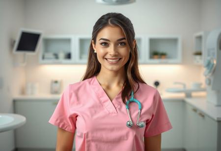 medium shot, symmetrical front view of a Beautiful real young woman, pink clinic uniform, dental clinic work space at the background