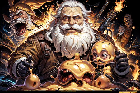 YellowSnow, gloves, 1boy, holding, brown eyes, jacket, weapon, white hair, acial hair, fire, beard, mustache, old, old man, mustache, cheese, liquid, gooey, cheese slime, christmas theme, yellow theme, movie poster, meme, parody, horror movie poster, art by Larry Elmore and Greg Rutowski, blink and you can miss it detail, depth of field, masterpiece,<lora:YellowSnow:0.8>