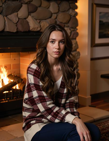 A photo realistic shoot from a portrait camera angle about a young woman sitting in front of a fireplace, wearing a plaid cardigan. the image also shows a warm and cozy atmosphere. on the middle of the image, a 20 years old woman with light skin and long, wavy brown hair appears to be looking directly at the camera with a neutral expression. she has a slender physique and is wearing a checkered cardigan over a white shirt. the woman is sitting in a cozy, dimly lit room with a fireplace in the background, and the warm lighting creates a soft glow on her face and hair. her long hair falls down her back, and her brown eyes are looking straight at the viewer. her lips are closed, and she is wearing lipstick. the overall mood is calm and serene., 1girl, solo, long hair, looking at viewer, shirt, brown hair, long sleeves, closed mouth, jewelry, sitting, medium breasts, brown eyes, indoors, sweater, lips, plaid, crossed arms, nose, realistic, open shirt, fireplace, camera_angle: portrait, art_style: photo realistic, location: indoor, background: a fireplace with a warm, cozy atmosphere, text: NA, distance_to_camera: upper body, clothing: plaid shirt, image_composition: middle, pants: NA
