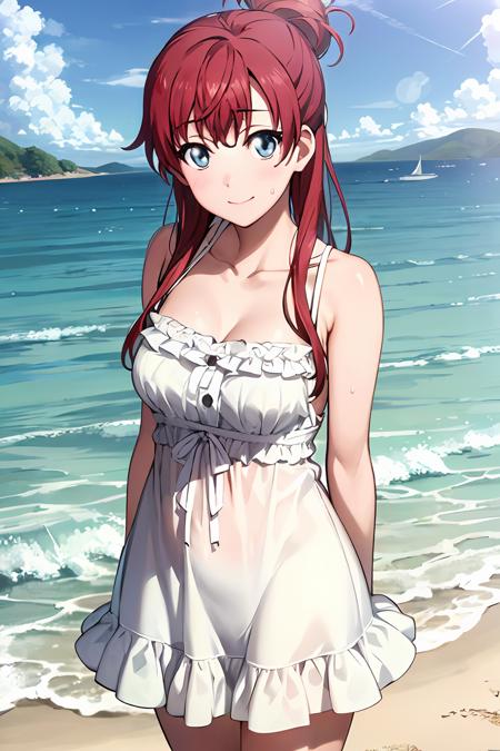 (exceptional, best aesthetic, best quality, extremely detailed), 1girl, solo, sakakishizuka, nervous, smile, sweatdrop, sundress, arms_behind_back, looking_at_viewer, beach, sky