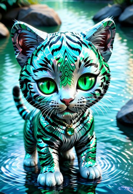 lazympos, closeup view, character focus, depth of field,
holographic kitten with big emerald eyes, tiger patterned skin,
river background