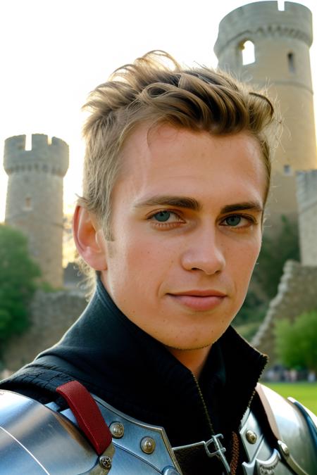 raw photo of a handsome young man, short hair, looking at the camera, in knights armor, castle ruins in the background, close up, 8k uhd, fujifilm xt3