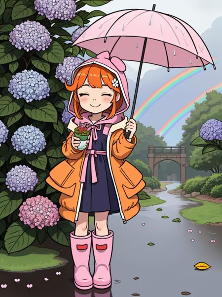 (masterpiece, best quality:1.1), 1girl, flat chest, Ichihara Nina, animal costume, orange eyes, happy, orange hair, outdoors, running, closed eyes, holding hat, animal hood, rainbow,raincoat,rubber boots,hydrangea,flower,boots,blush,hair ornament,teruterubouzu,very long hair,hood up,long sleeves,full body,footwear,pink flower,standing,leaf,food-themed hair ornament,hair bow,hair flower,rain