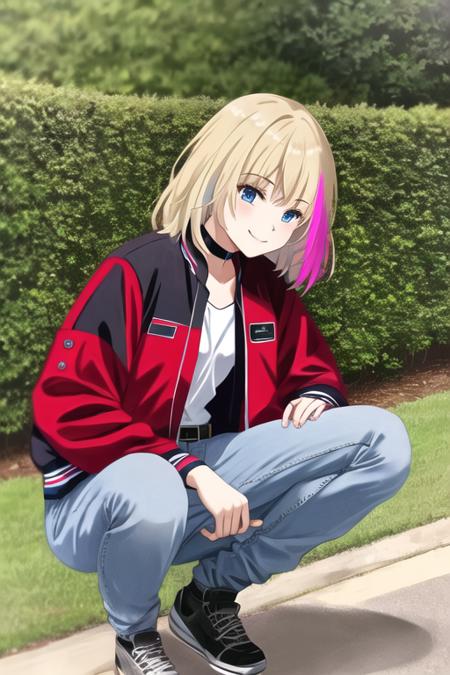 masterpiece, best quality, ultra-detailed, ray tracing, perfect lighting, (shiny skin:1.2),<lora:Kawai_rika:1> Kawaii_R ,1girl,solo, blue_eyes, blonde_hair, multicolored_hair, streaked_hair, black shirt, red  jacket, letterman jacket, open jacket,choker, shoes, pants, belt, denim, jeans, black footwear, black belt, smile, outdoors,