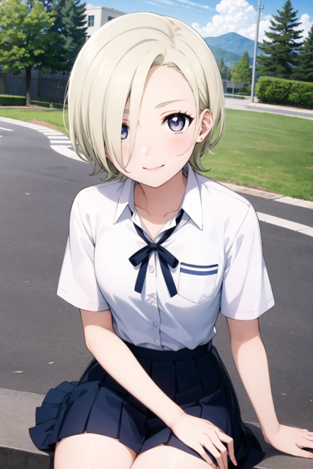 (masterpiece, best quality, ultra-detailed), (illustration), (beautiful detailed eyes), 1girl, solo, mia taylor, blonde hair, short hair, hair over one eye, small breasts,  <lora:MiaLL_v1.3-04:0.6>,
 outdoors, 
sitting, school uniform, collarbone, short sleeves,  nijigasaki academy school uniform