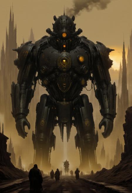 highest details, ultra hyper realism. highly detailed and realistic. intricate and highly professional artwork, an absolute masterpiece.
 Brutalist Steampunk, gothic fantasy, moody lighting, rusted metal tones, ash and ember palette.
Mech Design: The Oblivion Cathedral
Lumbering through cratered hellscapes of a WWI-style trench battlefield, the Oblivion Cathedral is a towering Brutalist Steampunk mech forged in blackened iron and cathedral stone. Standing three stories tall, its body resembles a mobile chapel fused with a dreadnought — thick, riveted armor plates form a monolithic chest engraved with decayed holy sigils and gargoyle vents that spew alchemical steam. Massive pipe-organs on its back howl hymns of war, disorienting enemies with sonic barrages.
Its arms: one is a siege-flail wrapped in chains of burning scripture; the other, a baroque cannon belching molten shells inscribed with runes. Spiked treads grind through mud and corpses alike, dragging a spiked censer cart behind it — spreading toxic fog and corrupted incense. A brass cathedral dome helmet crowns its form, beneath which glows a single, cursed eye.
Piloted by a bone-armored priest-knight fused to the control throne, the mech is both machine and relic — a walking relic of divine horror. Its presence turns trenches into shrines of ruin. It is not worshiped. It is feared.
<lora:artilands_v02_epoch_6:1>