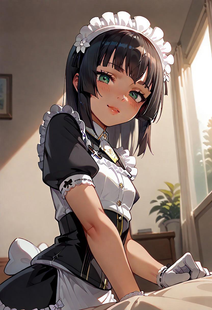 score_9, score_8_up, score_7_up, score_6_up, source_anime. zPDXL3, 1girl, solo, Mafuyu, Sofia maid outfit, Sofia maid headdress, Sofia maid gloves, looking at viewer, smile, leaning forward, upper body, bedsheets, indoors, white wall, window, flowing curtain, tree, morning, sunlight, sunny, sky, cloud, pov across bed, from below, from side, dutch angle, (sidelighting:0.5)