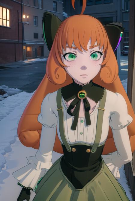 penny polendina, long hair, (green eyes:1.5), ahoge, orange hair, freckles, skirt, shirt, thighhighs, gloves, long sleeves, bow, white shirt, black gloves, puffy sleeves, green skirt, android, joints, robot joints, mechanical legs,