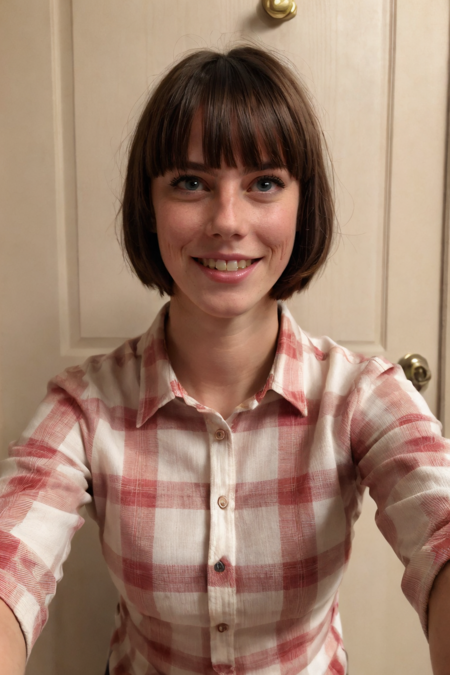 1girl, selfie view of a tomboy girl in a red checkered shirt, doorway backdrop, pixie cut with bangs, grinning, teeth
 <lora:ks92_uk_lora_v01:1> ks92