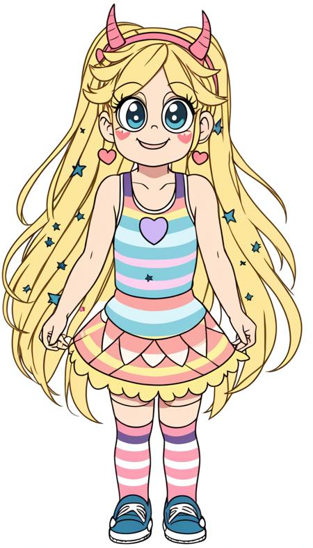 1girl, Blonde hair with pink horns, starry blue eyes, (heart-shaped cheek marks:1.1), striped pink and blue tank top, hands on cheeks, extremely excited or gleeful expression, <lora:Star_Butterfly:1>, striped socks, standing, (cartoon:1.3),