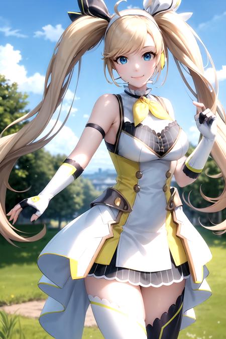 masterpiece, (best quality), vibrant colors ,natural lighting ,RTX, perfect proportions, beautiful, detailed face, (perfect eyes:1.1) ,(photorealistic:1.1), 8k uhd, outdoors, simple background, zea cornelia, 1girl, solo, long hair, smile, blue eyes, skirt, blonde hair, thighhighs, gloves, dress, ribbon, bare shoulders, twintails, medium breasts, very long hair, hair ribbon, ahoge, boots, sleeveless, black gloves, fingerless gloves, black footwear, white dress, white thighhighs, zettai ryouiki, white footwear, headset, asymmetrical legwear, mismatched legwear, straight-on, Walking with a prancing step,   <lora:ZeaCornelia:0.85>