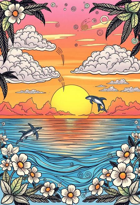 A serene island sunset with abstract cloud formations, playful sea turtles and dolphins integrated into swirling linework, and decorative floral borders framing the scene, merging high-energy doodle elements with poetic tropical elegance.