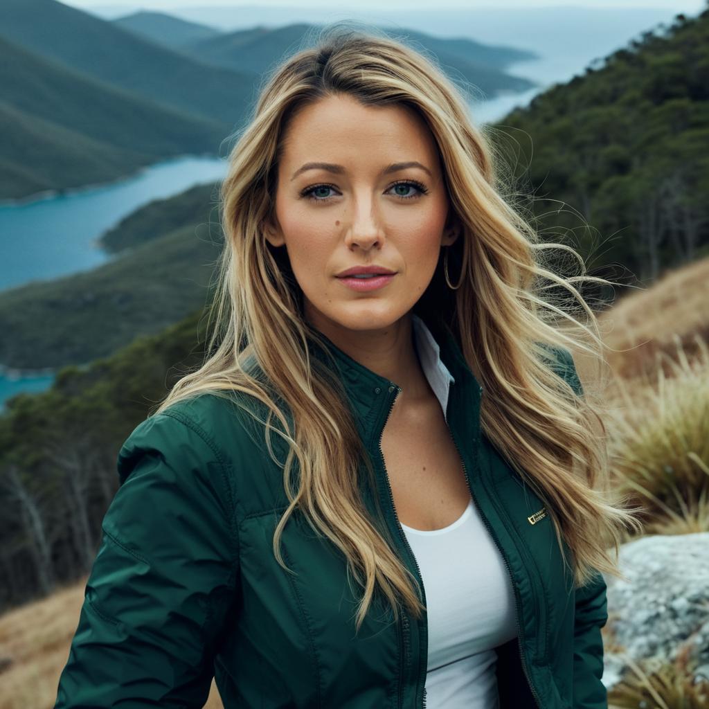 "A Blonde Woman in a Green Jacket Posing on a Mountain Side"