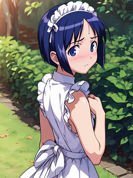 (exceptional, best aesthetic, new, newest, best quality, masterpiece, extremely detailed), 1girl, solo, maeharashinobu, from_behind, looking_back, looking_at_viewer, full-face_blush, embarrassed, maid_outfit, maid_headdress