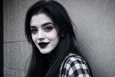 Teen brunnete nordic goth girl | tattoo | smile | dark | in dark room | Adult | On street | High quality | gothic makeup | realistic | informal
