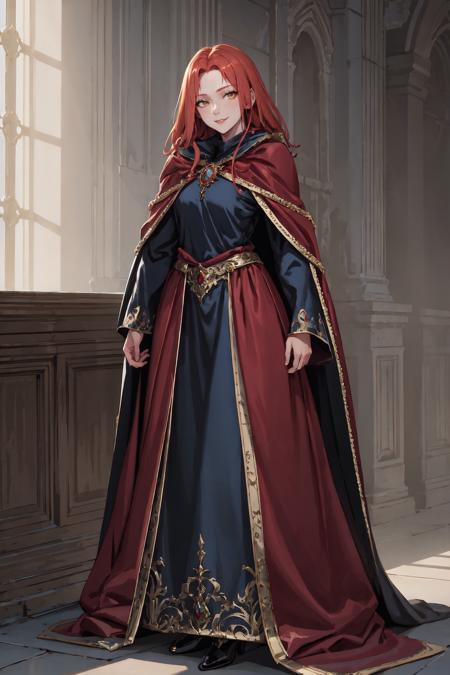 IncrsLunarPrincessRanni red hair, forehead dress, long sleeves, cape
