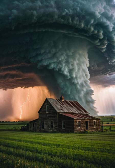 portrait, masterpiece, 4k, ray tracing, intricate details, highly-detailed, hyper-realistic, 8k RAW Editorial Photo.
A giant tornado looming over an old farmhouse, with a vibrant rainbow twisted around the tornado, lightning,  in the style of National Geographic photography. Very detailed, vibrant colors, the tornado has sucked the rainbow up.
cinematic light, dramatic light, shallow depth of field,  high budget, bokeh, cinemascope, film grain,
