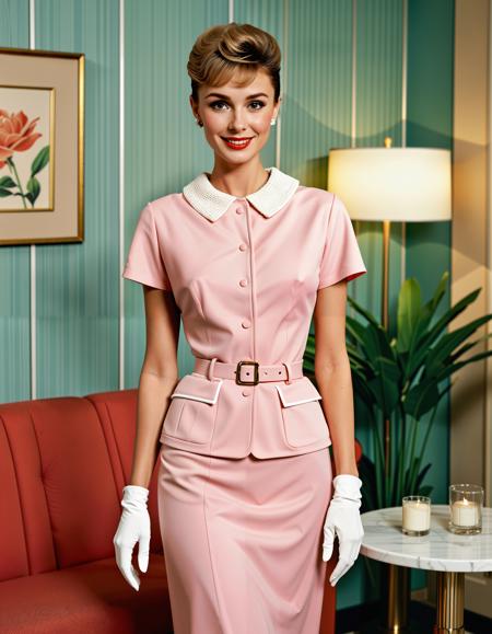 25-Casc-Modern, Hotel Manager: 1955: 1 American woman, (poised smile) with [confident and efficient] charm, bouffant hairstyle with natural hair color, wearing a (professional) blouse with a pencil skirt, with cat-eye eyeliner and red lipstick and a authoritative expression, standing in a (luxurious) hotel lobby with marble floors and vintage furniture, inspired by the works of (Audrey Hepburn) and Doris Day, with (bright lines) and (pastel colors), characterized by [retro composition] and [hospitality], (1950s American hotel atmosphere) and [warm nature].