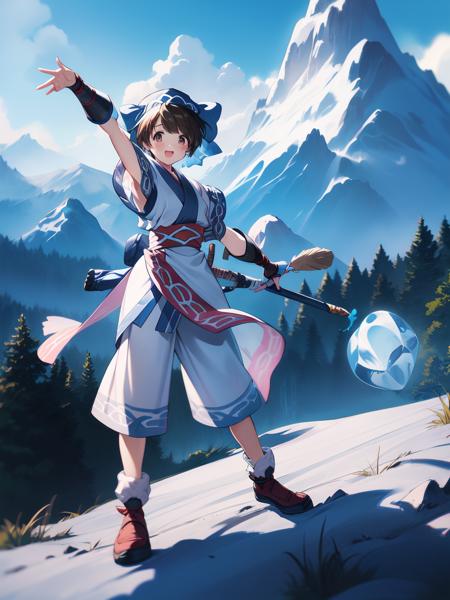 Rimururu, Rimururu, brown hair, short hair, brown eyes, hair bow, ice, Rimururu, gloves, shorts, fingerless gloves, kneeling, white shorts, shoes, hair between eyes, ainu clothes, 