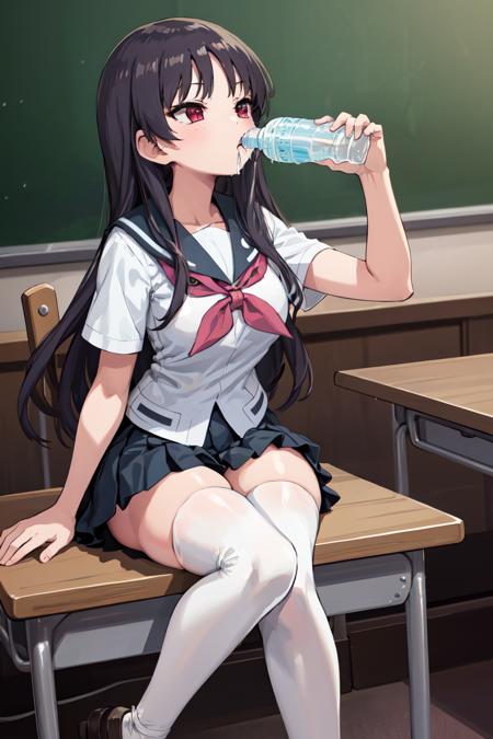 masterpiece, best quality, absurdres, perfect anatomy, 1girl, solo, Chugging, water bottle, RyuukaShimizudani, serafuku, red neckerchief, white thighhighs, sitting, classroom, chair, <lora:Chugging:1>, <lora:RyuukaShimizudani:1>