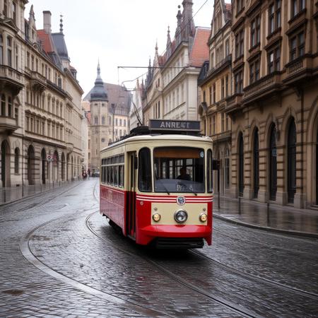 A highly detailed and photorealistic image of a vintage 1950s-1960s tram, specifically a Duwag or a similar model, in a cream and red color scheme. The tram is positioned in the foreground at a three-quarter front angle as it moves through an intersection, turning right along the curved tram tracks. The cobblestone street is wet, glistening with reflections from the overcast daylight filtering through thick clouds. The surrounding scene features a classic Central European cityscape with historic buildings adorned with ornate bay windows, arcades, turrets, and steep, tiled rooftops. The depth of the background extends with more streets continuing in this traditional architectural style, adding to the immersive realism of the scene. High-definition textures, cinematic lighting, ultra-realistic reflections, and natural atmospheric depth.