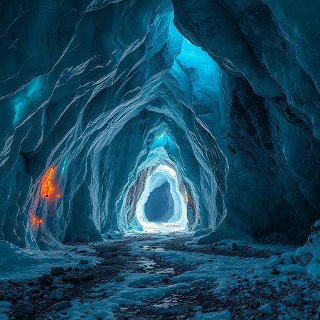 8k, source_photo, source_real, traditional media, real life photo, huge man-made ice cave, lit from above, vivid ice patterns, bright colours in the ice, glowing runes on an archway leading into a dark passageway, exposed rock formations cover the ground and walls, medieval, dungeons and dragons