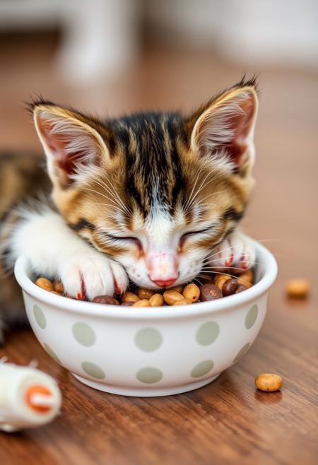 A cute kitten falling asleep into food bowl while eating