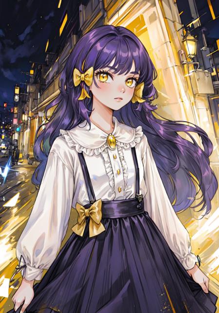 Enjel broach, white shirt, overalls, hair bow, purple skirt yellow eyes, purple hair