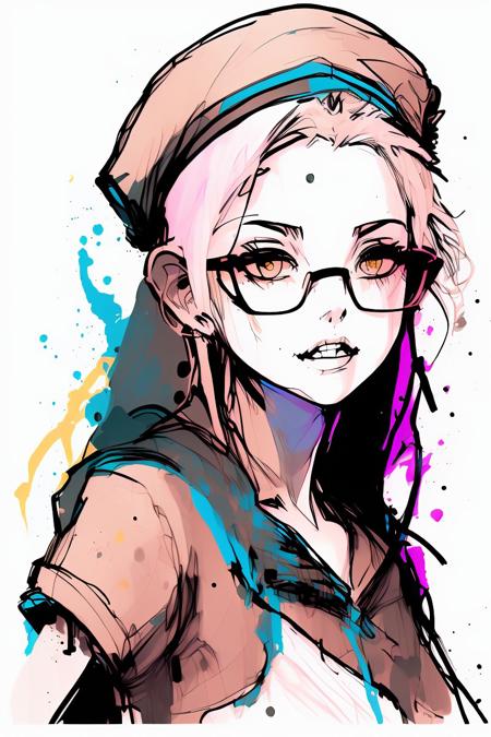 (nvinkpunk), 1girl, an illustration of neon \(nikke\), glasses, beret, sailor collar, from side,<lora:neon_nikke_v01:0.8>