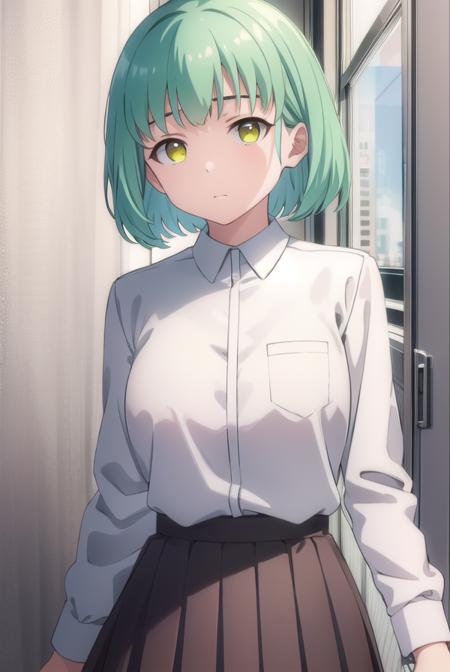 yukikusakabe, <lora:yuki kusakabe s1-lora-nochekaiser:1>,
yuki kusakabe, short hair, (yellow eyes:1.2), green hair,
BREAK skirt, shirt, school uniform, white shirt, pleated skirt, brown skirt,
BREAK indoors, classroom,
BREAK looking at viewer,
BREAK <lyco:GoodHands-beta2:1>, (masterpiece:1.2), best quality, high resolution, unity 8k wallpaper, (illustration:0.8), (beautiful detailed eyes:1.6), extremely detailed face, perfect lighting, extremely detailed CG, (perfect hands, perfect anatomy),