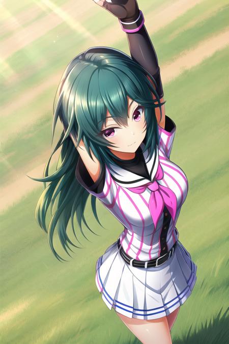 1girl, solo, masterpiece, best quality, absurdres, cute, ultra-detailed, (perfect anatomy, perfect hand), <lora:hiiragi_kotoha-000100:0.7>, hiiragi kotoha, long hair, looking at viewer, baseball uniform, pink neckerchief, black undershirt, fingerless gloves, belt, pleated skirt, medium breasts, closed mouth, standing, outdoors, shiny hair, arms up, floating hair, from above, sunlight, grass, lens flare