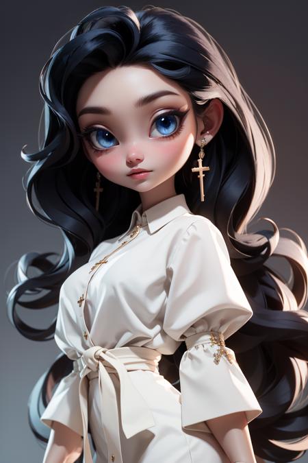 masterpiece, best quality, 8k, cinematic light, ultra high res, 1girl, chibi, sexy, mature, solo, white dress, blue eyes, puffy sleeves, long hair, black hair, short sleeves, looking at viewer, simple background, earrings, jewelry, cross earrings, <lora:chibi_04:1:TEST>