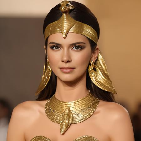 Photo of (ohwx woman) <lora:KendalJenner:1> as an Egyptian queen, serpent headdress, golden serpent jewelry. pyramids, Egypt