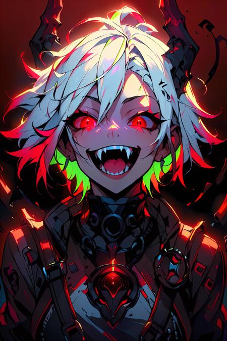 (ultra-detailed), (masterpiece), (best quality), (depth of field), (sharp focus), (cinematic lighting), (vibrant colors),   <lora:PSYCHOPHONKY:1>  1girl, white hair, red eyes, neon background, detailed background, crazy smile, fangs