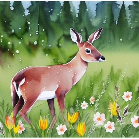 evang style beautiful and intricate watercolor painting of a forest with a deer in the background and a rabbit in the foreground gorgeous flowers, extremely detailed, detailed grass, watercolor illustration