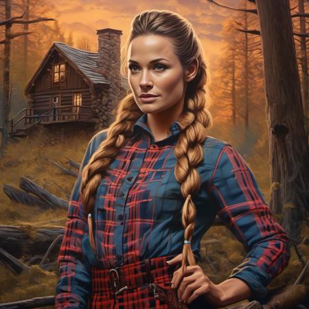 <lora:shantel_vansanten_xl_lora_30:1> shantel vansanten woman (a closeup:.5)  portrait of a Lumberjack woman with huge beautiful braid, wearing tight-fitting outfit, intricate action pose, Oil paint, ancient, illuminated by the light of twilight, with a backdrop of a big oldest house and ancient forest. , Mysterious, brilliant art by Allan Jabbar, Yann Dalon, Toni Infante, Amr Elshamy,