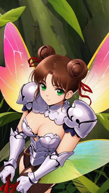 shirin, Brown Hair, Short Hair, Twin Hair Buns, red ribbon on hair buns, Green Eyes, Big Breasts, cleavage, pink armor, fairy wings,