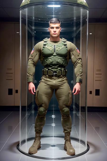 Military laboratory, ((restrained inside a glass cylinder)), muscular MalikDelgaty is a Universal Soldier, stoic expression, camouflage (Universal Soldier uniform:1.4), hands at his side, (drone soldier), looking at viewer, (((full body portrait))), wide angle, <lora:MalikDelgaty-000009:0.75>  <lora:exposure_control_v10:0.4>  <lora:muscle_slider_v1:0.5>