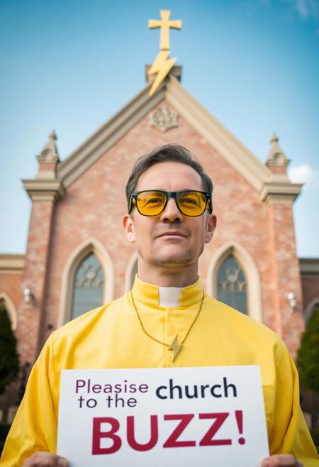 Man wearing yellow tinted glasses and a yellow priest uniform in front of church like building which has a gold lightning bolt symbol on its spire roof, he is wearing golden lightning bolt symbol necklace prominently visible, he is holding sign with text "Please donate to the church of BUZZ!"
