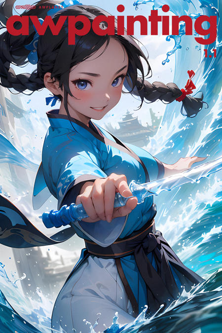 Masterpiece, 1girl, close up, wear blue hanfu, Chinese Traditional cloth, ((holding a water sword,)) long black hair, hair braid, blue wave background, water effect, ink painting style, dynamic pose, battle pose
