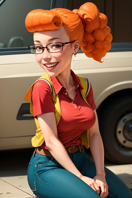 patty, solo, 1girl, glasses, orange hair, ponytail, red shirt,yellow vest, breasts, smile,looking at viewer, smile,shoes,pants,    <lora:pattyp2-000008:0.5>