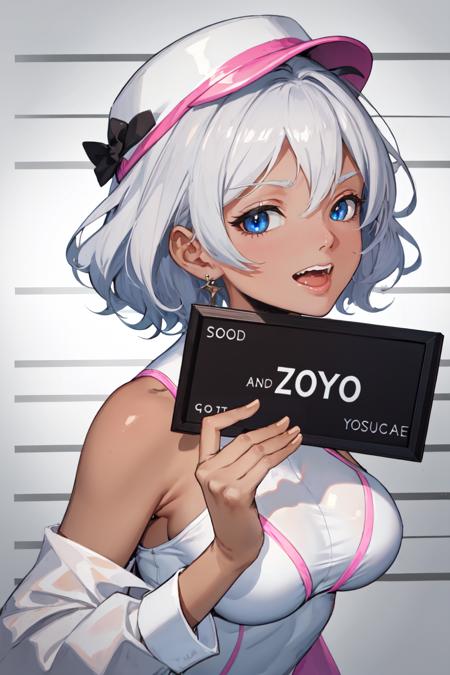 good anatomy, masterpiece, best quality, 4k, 8k, 1boy, barbie_mugshot_(meme), brick floor,  concept_ken_mugshot_ownwaifu, earrings, hat, holding, (holding sign:1.1), letterboxed, looking at viewer, meme, open mouth, shirt, short hair, sign, smile, solo, upper body, www.ownwaifu.com, zoom layer <lora:CONCEPT_ken_mugshot_ownwaifu:1>  (pink theme:1.3), 
white_top_ownwaifu,www.ownwaifu.com,short hair,breasts,dark skin,dark-skinned female,large breasts,bare shoulders,blue eyes,silver hair,white leotard,white hair,collarbone,
 <lora:ANIME_secelia_dote_ownwaifu-10:0.6>