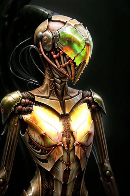 Beautiful portrait of a tall girl, ((long neck, slender arms)) (Mantis armor, insectoid shell, crab helmet, glowing) detailed background, intense expression, surging power, floating particles, reflections, darkness, epic atmosphere,