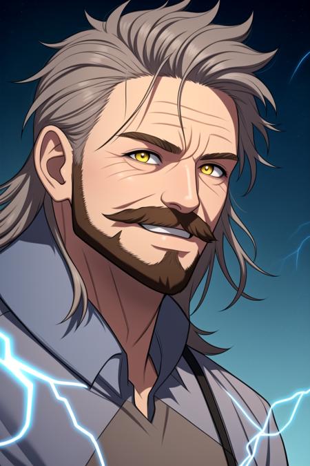 (fantasy-style), 1boy, male focus, masterpiece, facial hair, solo, beard, long hair, electricity, yellow eyes, looking at viewer, mustache, lightning, smile, portrait, grin, brown hair, teeth, grey hair, upper body, lightning bolt symbol, old, clenched teeth, gradient background, gradient, old man, close-up, god